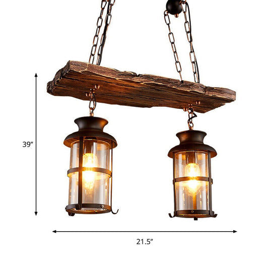 Industrial Lantern Pendant Light With Clear Glass Wood Decoration And Cage Design - 2/3 Lights Black