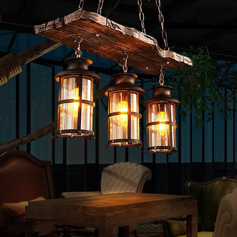 Industrial Lantern Pendant Light With Clear Glass Wood Decoration And Cage Design - 2/3 Lights Black