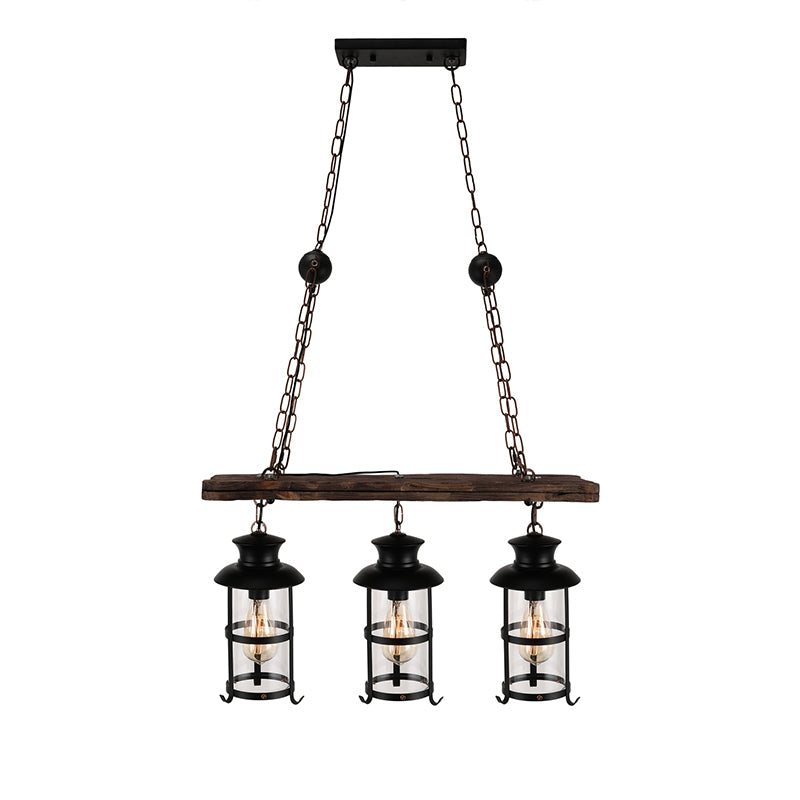 Industrial Lantern Pendant Light With Clear Glass Wood Decoration And Cage Design - 2/3 Lights Black