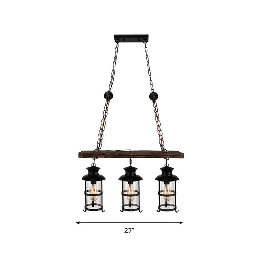 Industrial Lantern Pendant Light With Clear Glass Wood Decoration And Cage Design - 2/3 Lights Black