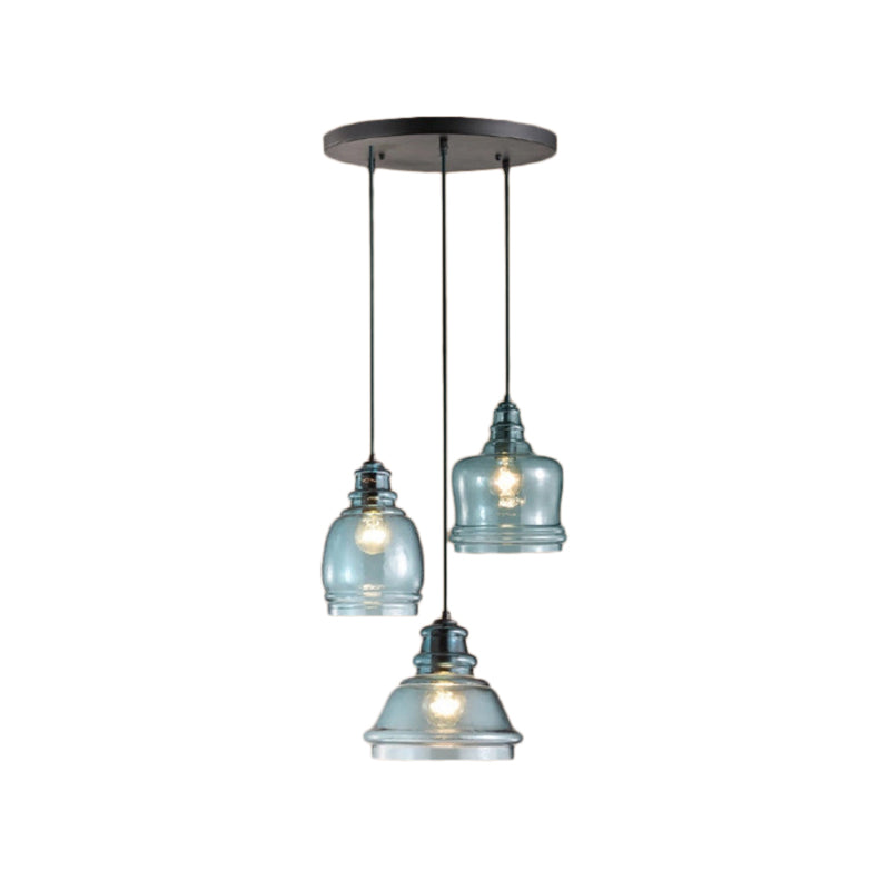 Modern Blue Glass Multi Pendant Hanging Light Fixture for Dining Room with Black Canopy - 3 Lights