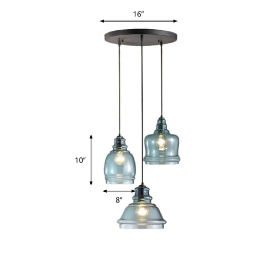 Modern Blue Glass Multi Pendant Hanging Light Fixture for Dining Room with Black Canopy - 3 Lights