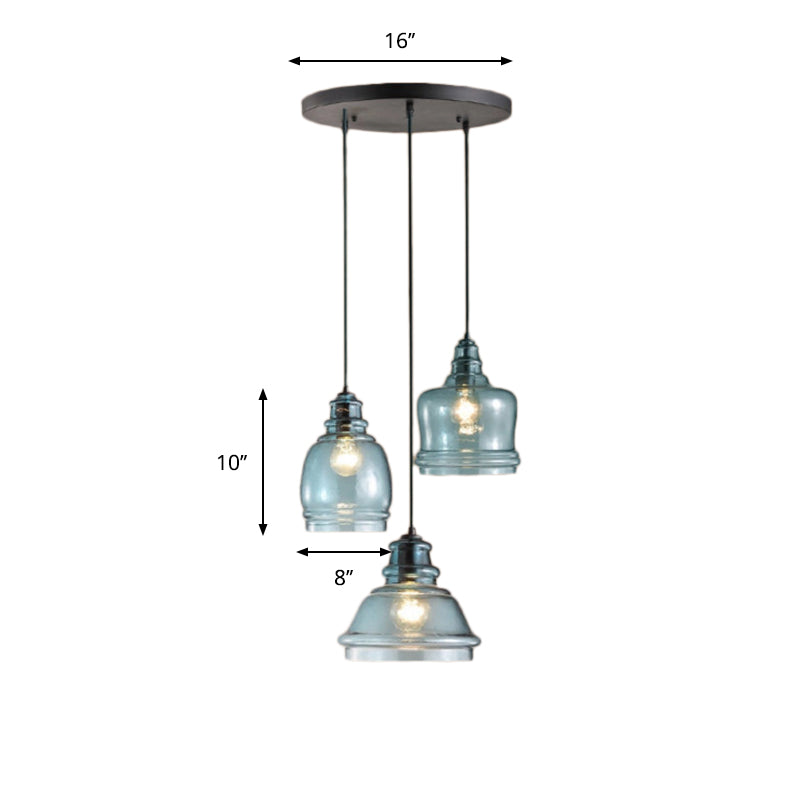 Blue Glass Multi-Pendant Light Fixture For Modern Dining Room In Black Finish