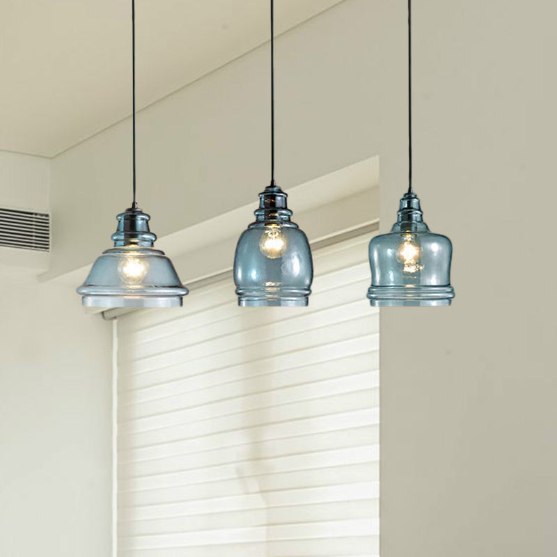 Modern Blue Glass Multi Pendant Hanging Light Fixture for Dining Room with Black Canopy - 3 Lights