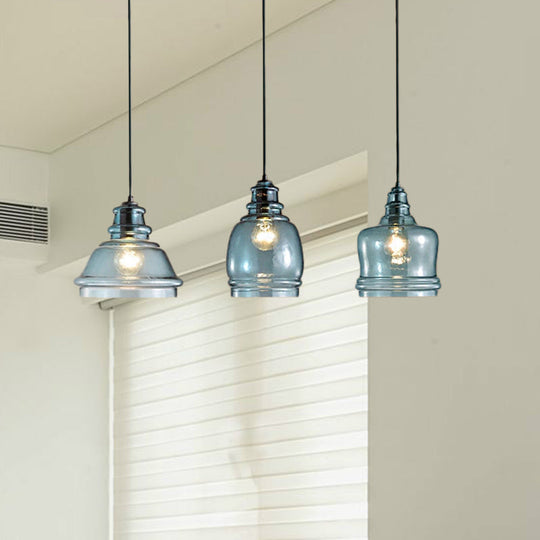 Modern Blue Glass Multi Pendant Hanging Light Fixture for Dining Room with Black Canopy - 3 Lights