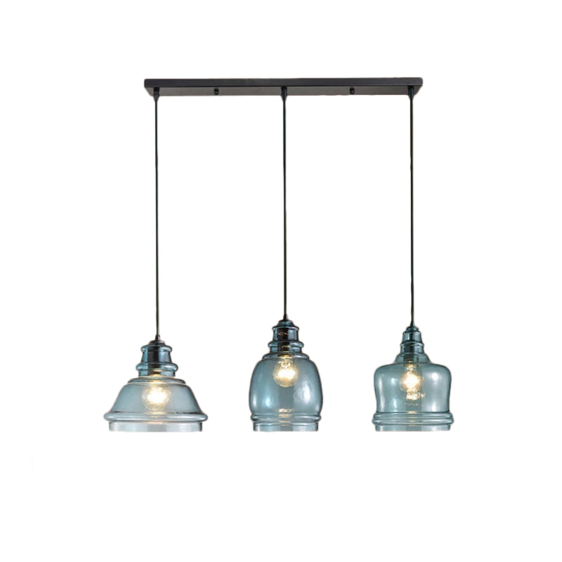 Modern Blue Glass Multi Pendant Hanging Light Fixture for Dining Room with Black Canopy - 3 Lights