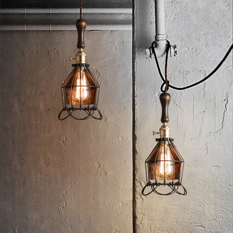 Vintage Metal Mini Cage Wall Lighting Pendant Ceiling Light With Petal Shade And Rust Finish