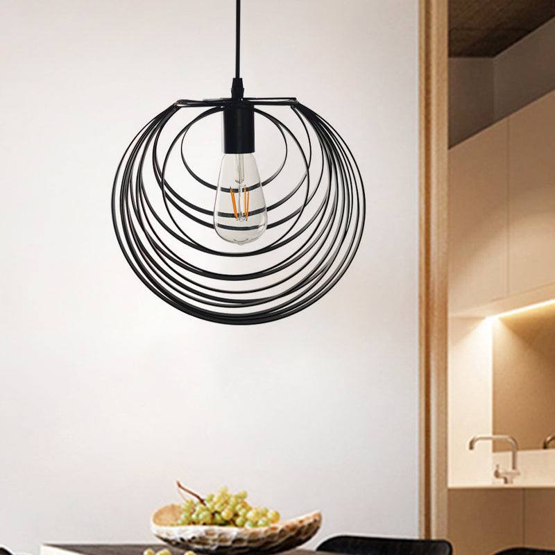 Industrial Black Metal Pendant Light With Wire Frame - 1 Head Circles Hanging For Living Room