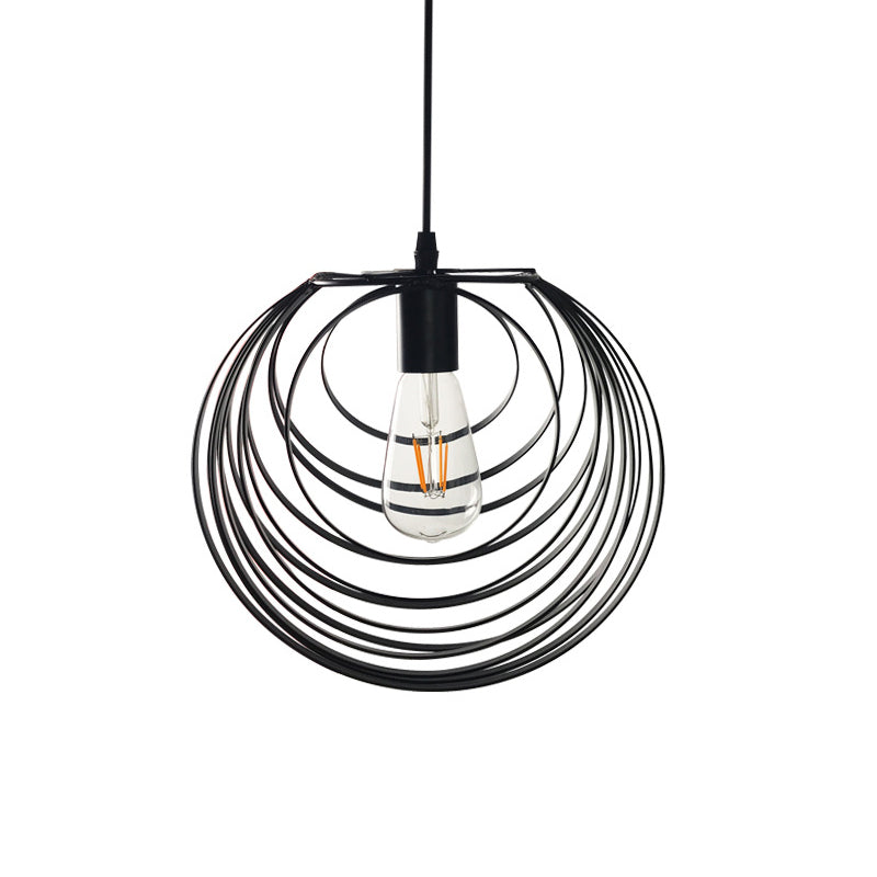 Industrial Black Metal Pendant Light With Wire Frame - 1 Head Circles Hanging For Living Room