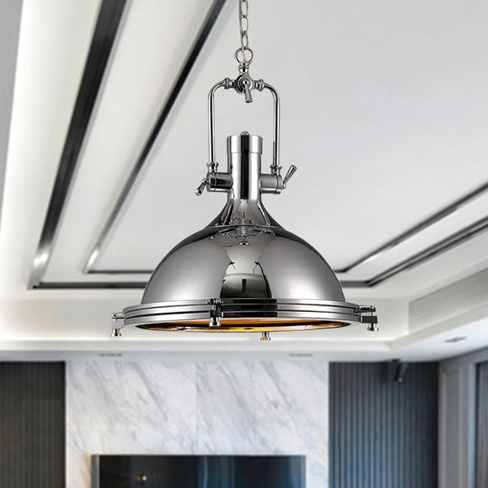 Industrial Nickel Finish Domed Pendant Light With Swivel Joint - Metallic 1-Bulb Kitchen Hanging