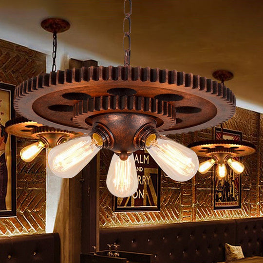 Retro Copper Pendant Chandelier With Open Bulb & Gear Design - Ideal For Restaurants 3 Lights