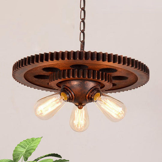 Rustic Weathered Copper Chandelier with Open Bulb and Gear Design – Perfect for Retro Restaurant Pendant Lighting – 3 Lights