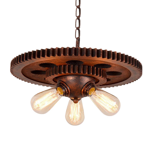 Retro Copper Pendant Chandelier With Open Bulb & Gear Design - Ideal For Restaurants 3 Lights