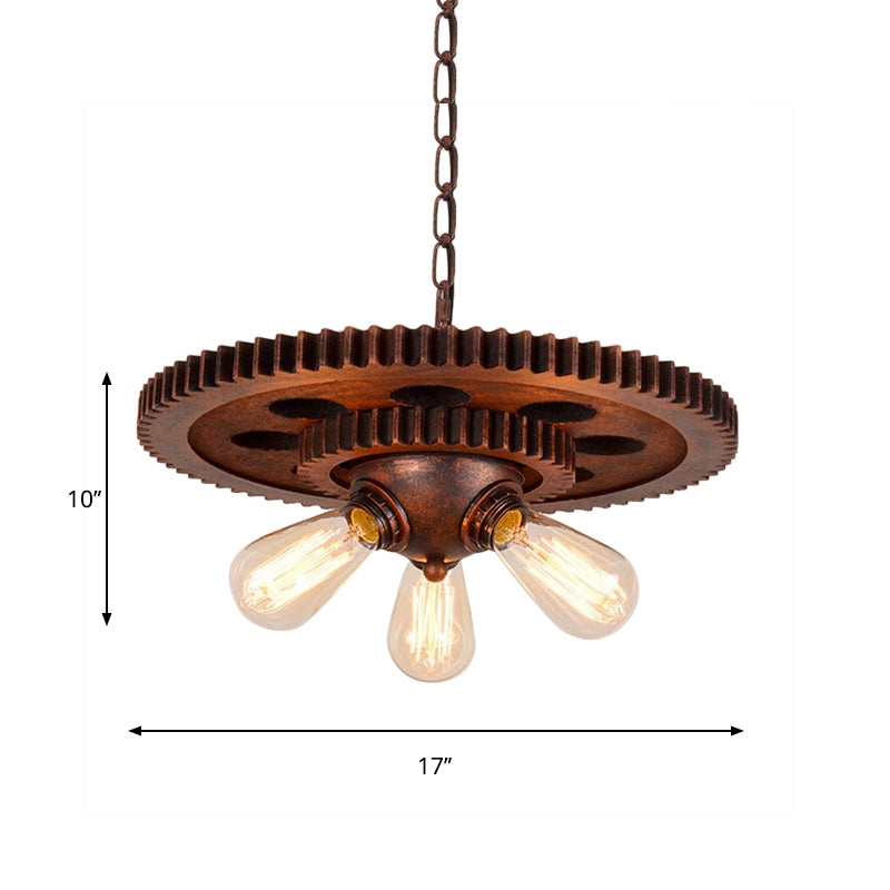 Rustic Weathered Copper Chandelier with Open Bulb and Gear Design – Perfect for Retro Restaurant Pendant Lighting – 3 Lights