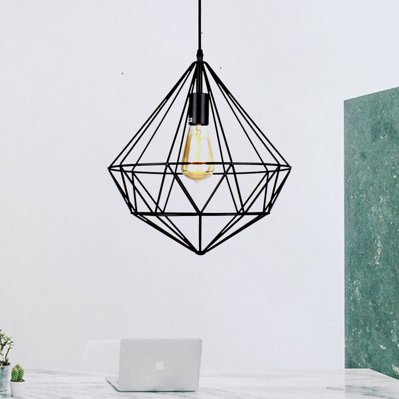 Industrial Black Metal Pendant Ceiling Light With Faceted Cage For Living Room