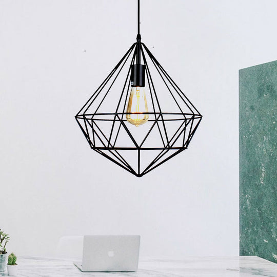 Industrial Black Metal Pendant Ceiling Light With Faceted Cage For Living Room