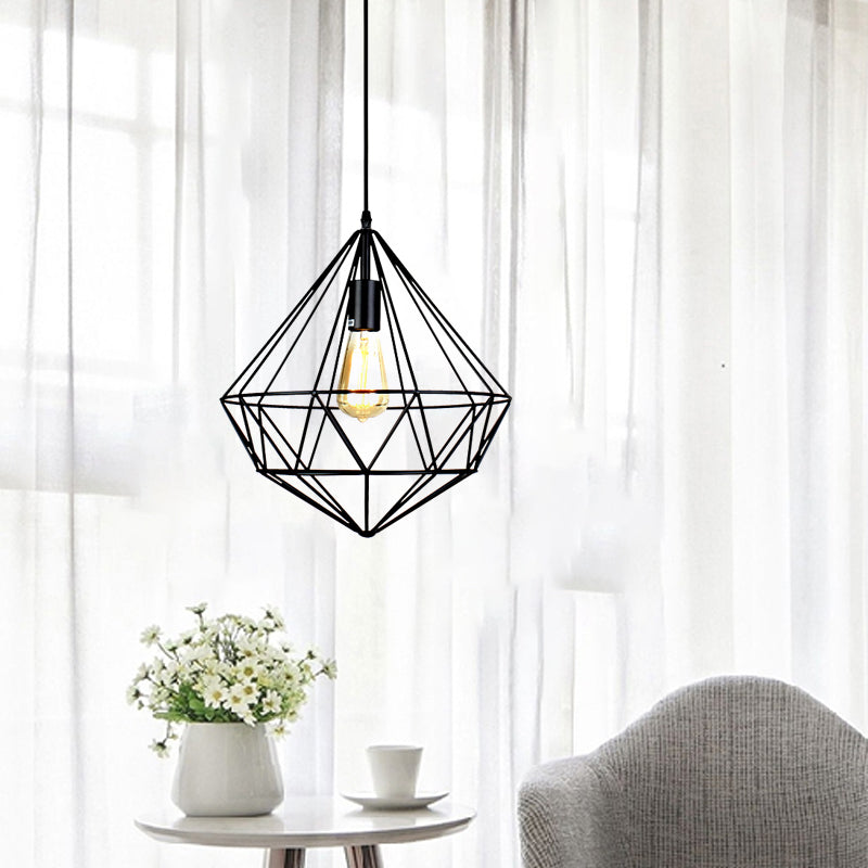 Industrial Faceted Cage Metal Pendant Ceiling Light in Black for Living Room - 1 Bulb