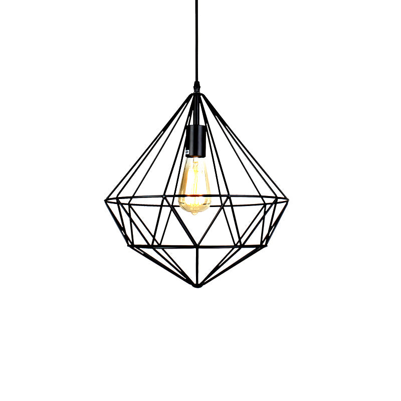 Industrial Faceted Cage Metal Pendant Ceiling Light in Black for Living Room - 1 Bulb