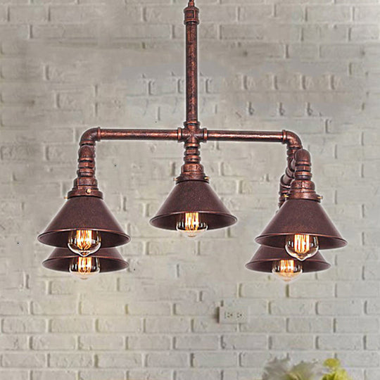 Rustic Farmhouse Pendant Chandelier Lamp - Conic Shade, 5 Bulbs, Wrought Iron - Perfect for Restaurants