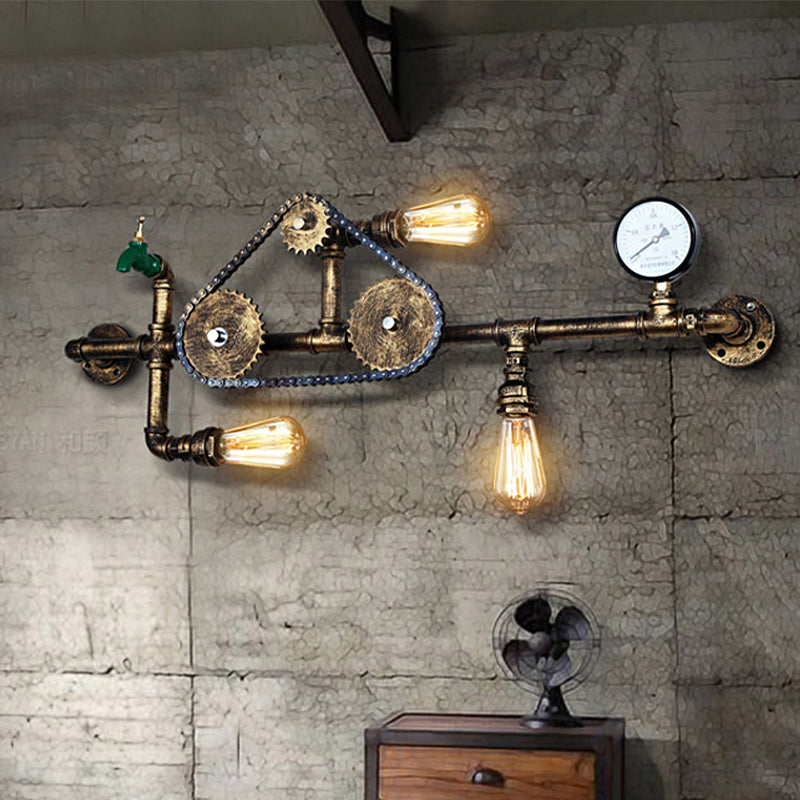 Steampunk Bicycle Wall Mount Light With Pipe Design - 3-Light Wrought Iron Lamp In Antique Brass