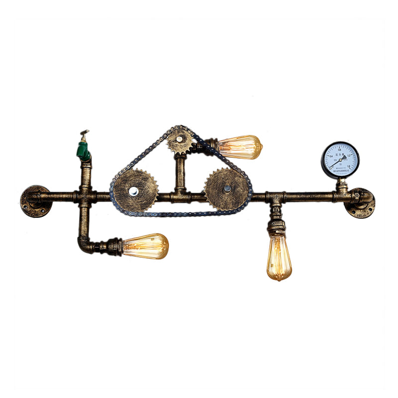 Steampunk Bicycle Wall Mount Light With Pipe Design - 3-Light Wrought Iron Lamp In Antique Brass