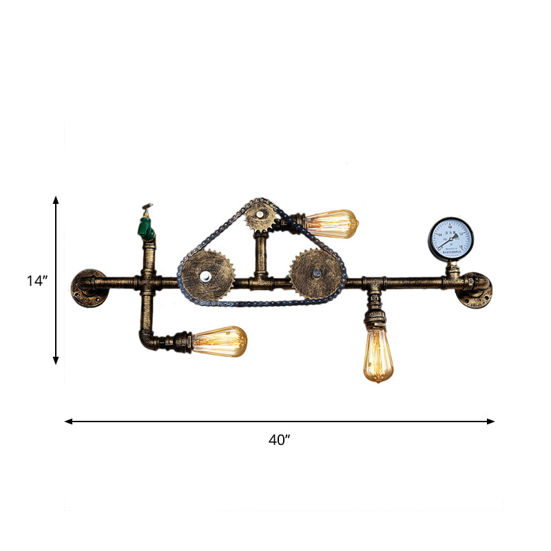 Steampunk Bicycle Wall Mount Light With Pipe Design - 3-Light Wrought Iron Lamp In Antique Brass