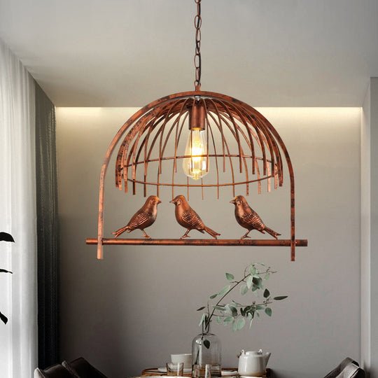 Lodge Style Rust Metal Suspension Lamp with Bird Decoration – 1 Head Wire Dome Pendant Light