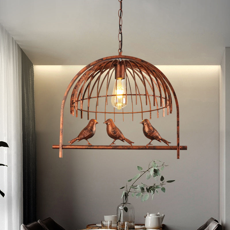 Rust Metal Suspension Lamp With Bird Decoration - Lodge Style Hanging Light