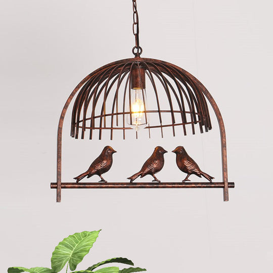 Lodge Style Rust Metal Suspension Lamp with Bird Decoration – 1 Head Wire Dome Pendant Light