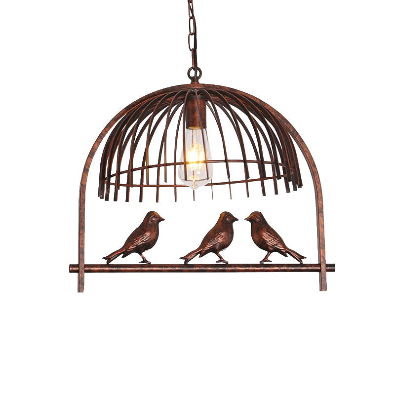 Lodge Style Rust Metal Suspension Lamp with Bird Decoration – 1 Head Wire Dome Pendant Light