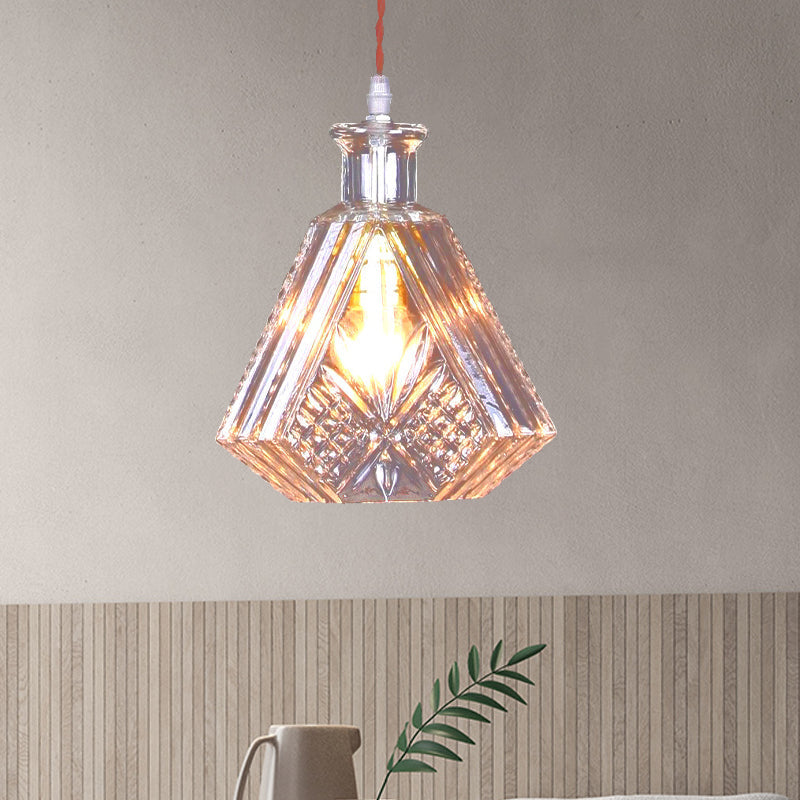 Industrial Clear Glass Suspension Light - Textured Tapered Diamond Design | 1 Bulb Bar Pendant Lamp