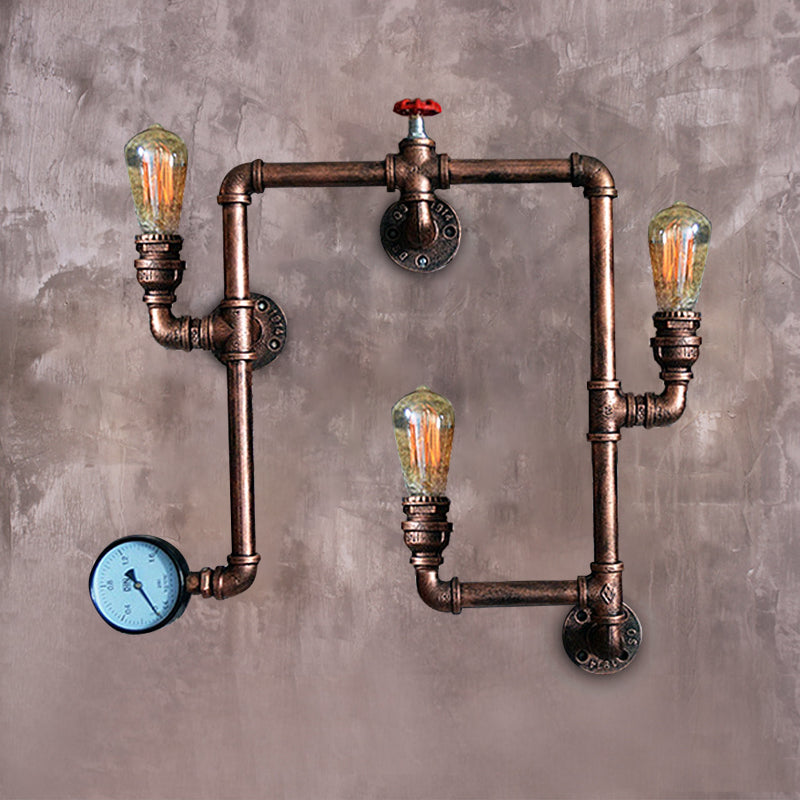 Farmhouse Water Pipe Sconce Light - Rust Finish With 3 Bulbs Valve And Gauge