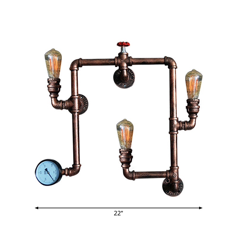 Farmhouse Water Pipe Sconce Light - Rust Finish With 3 Bulbs Valve And Gauge