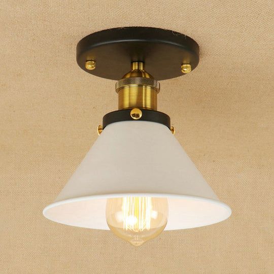 Vintage Industrial Metal Ceiling Light Fixture - Semi-Flush Mount - Conic Shade - White/Brass