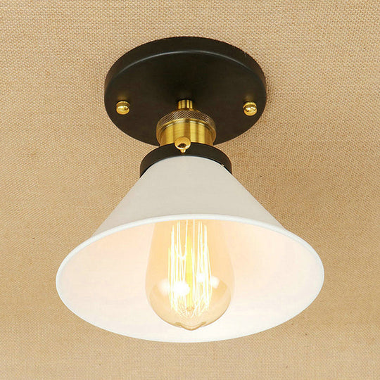 Vintage Industrial Metal Ceiling Light Fixture - Semi-Flush Mount - Conic Shade - White/Brass