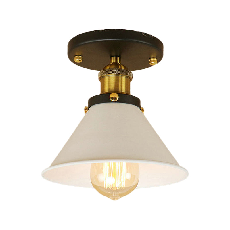 Vintage Industrial Metal Ceiling Light Fixture - Semi-Flush Mount - Conic Shade - White/Brass