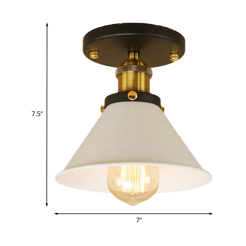 Vintage Industrial Metal Ceiling Light Fixture - Semi-Flush Mount - Conic Shade - White/Brass