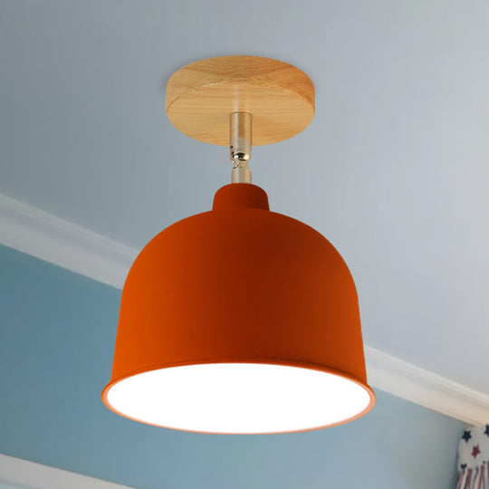 Yellow/Green Metallic Dome Shade Semi-Flush Ceiling Light for Bedroom