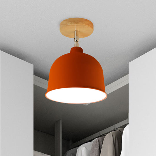 Yellow/Green Metallic Dome Shade Semi-Flush Ceiling Light For Bedroom