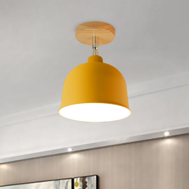 Yellow/Green Metallic Dome Shade Semi-Flush Ceiling Light for Bedroom