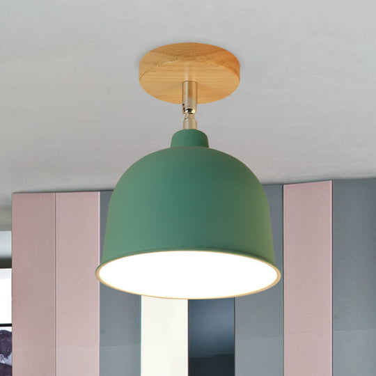 Yellow/Green Metallic Dome Shade Semi-Flush Ceiling Light for Bedroom