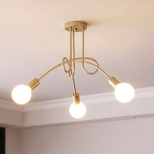 Industrial Twisted Semi Flush Mount 3-Light Ceiling Light in Brass - Metallic Finish, Bare Bulb