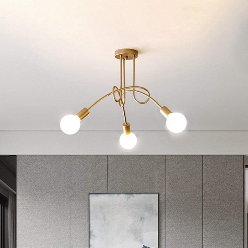 Industrial Twisted Semi Flush Mount 3-Light Ceiling Light in Brass - Metallic Finish, Bare Bulb