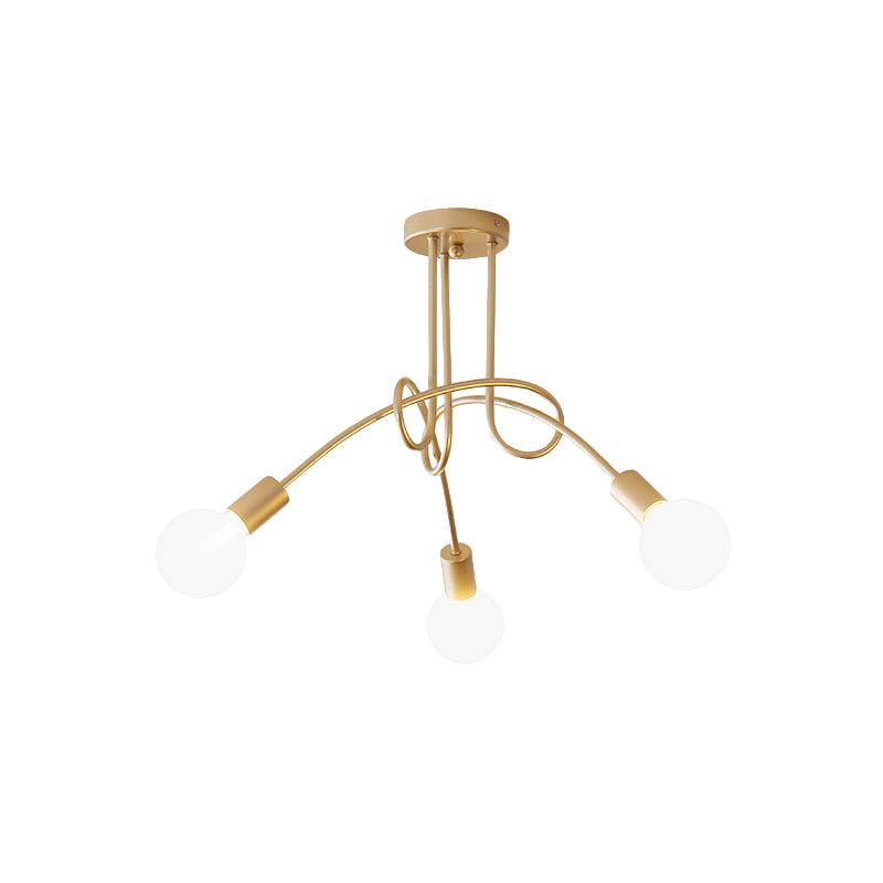 Industrial Twisted Semi Flush Mount 3-Light Ceiling Light in Brass - Metallic Finish, Bare Bulb