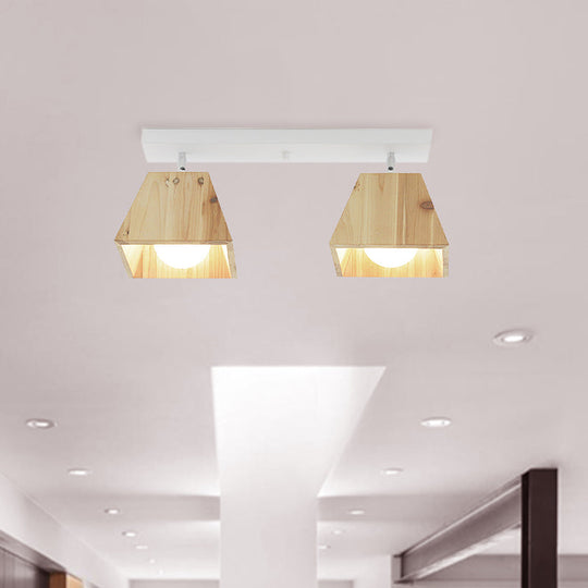 Modern Trapezoid Pendant Light - 1/2/3-Head Wooden Ceiling Fixture in White Finish