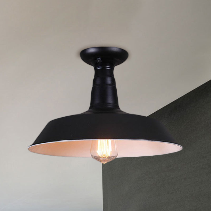 Industrial Barn Semi-Flush Mount Ceiling Light in Black - 10"/14" Diameter, 1 Bulb, Metallic Shade