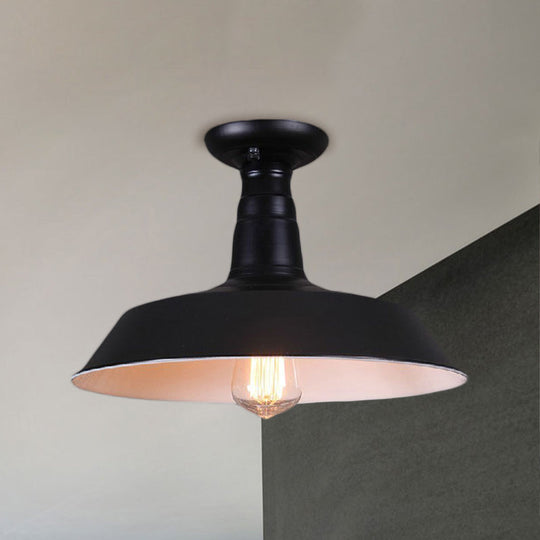 Industrial Barn Semi-Flush Mount Ceiling Light In Black - 10/14 Diameter 1 Bulb Metallic Shade / 10