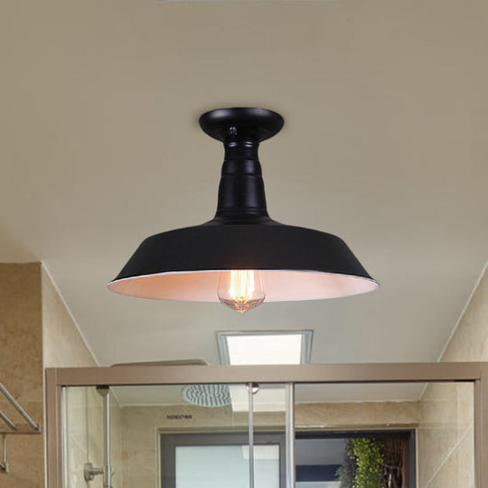 Industrial Barn Semi-Flush Mount Ceiling Light in Black - 10"/14" Diameter, 1 Bulb, Metallic Shade