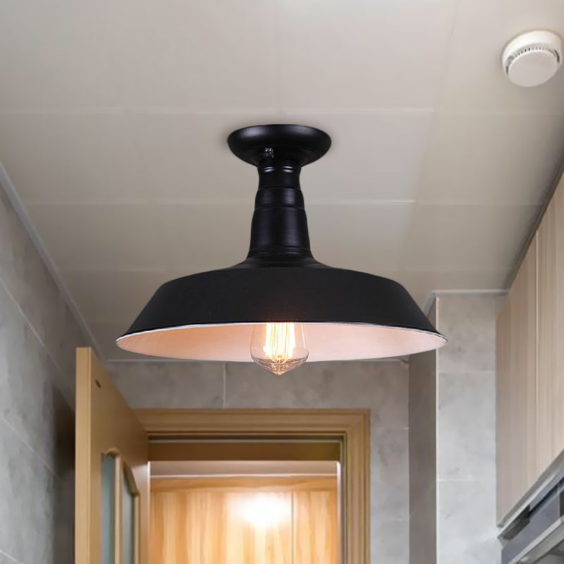 Industrial Barn Semi-Flush Mount Ceiling Light in Black - 10"/14" Diameter, 1 Bulb, Metallic Shade