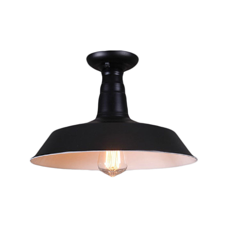 Industrial Barn Semi-Flush Mount Ceiling Light in Black - 10"/14" Diameter, 1 Bulb, Metallic Shade